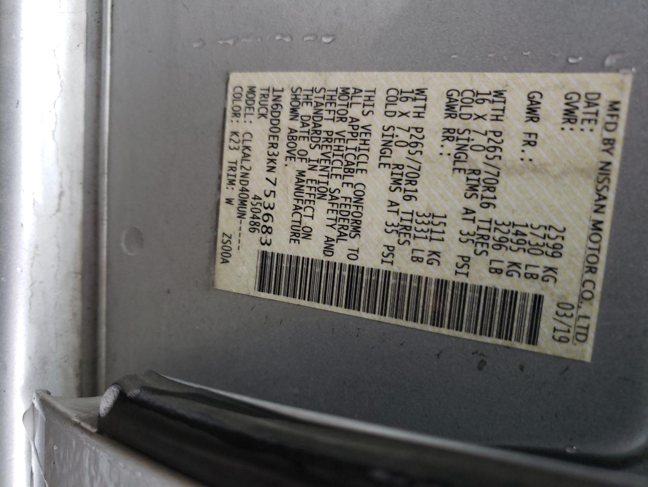 Photo 10 from auction – 2019 NISSAN FRONTIER S with VIN 1N6DD0ER3KN753683