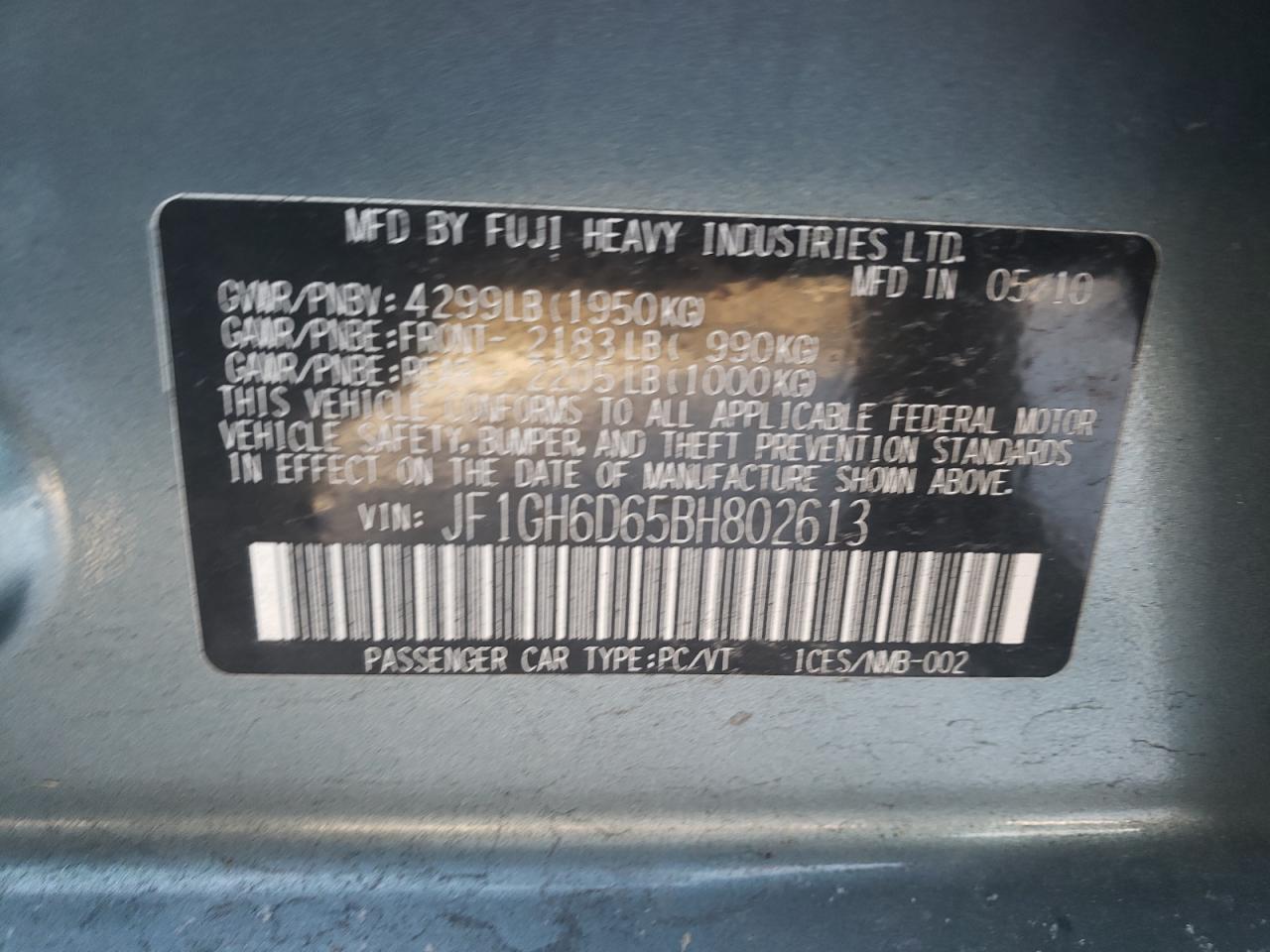 Photo 10 from auction – 2011 SUBARU IMPREZA OU with VIN JF1GH6D65BH802613