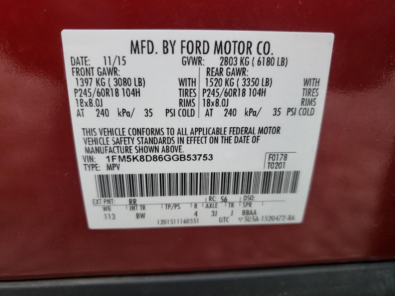 Photo 10 from auction – 2016 FORD EXPLORER X with VIN 1FM5K8D86GGB53753