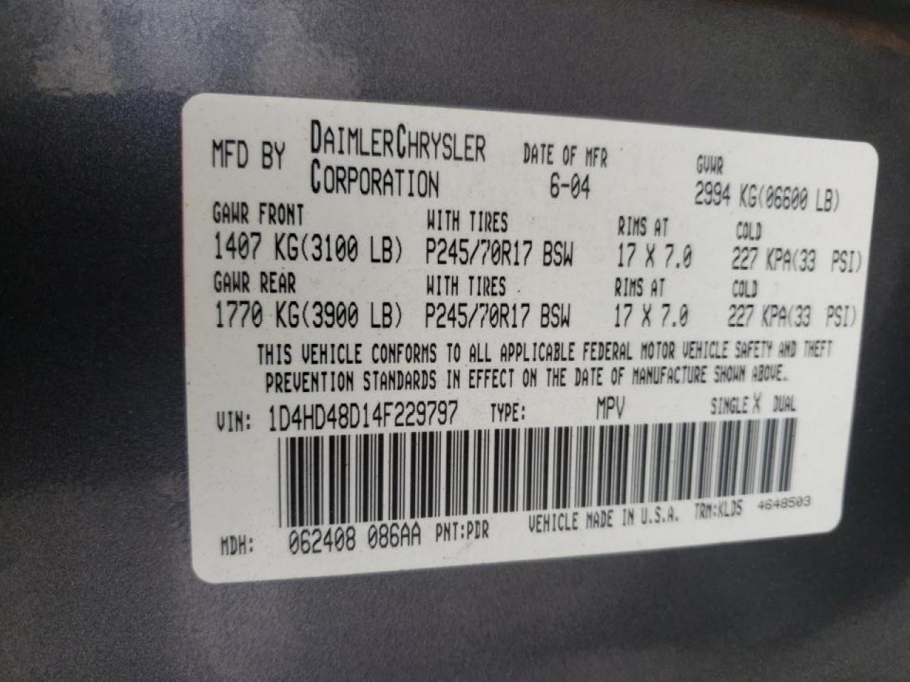Photo 10 from auction – 2004 DODGE DURANGO SL with VIN 1D4HD48D14F229797