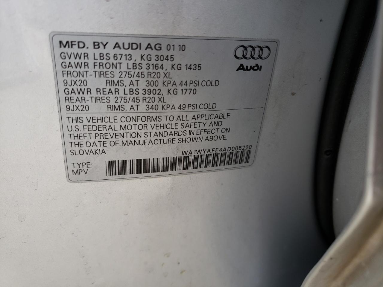 Photo 10 from auction – 2010 AUDI Q7 PRESTIG with VIN WA1WYAFE4AD005220