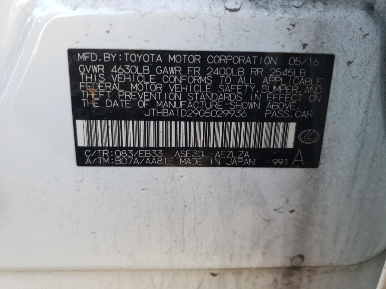Photo 10 from auction – 2016 LEXUS IS 200T with VIN JTHBA1D29G5029936