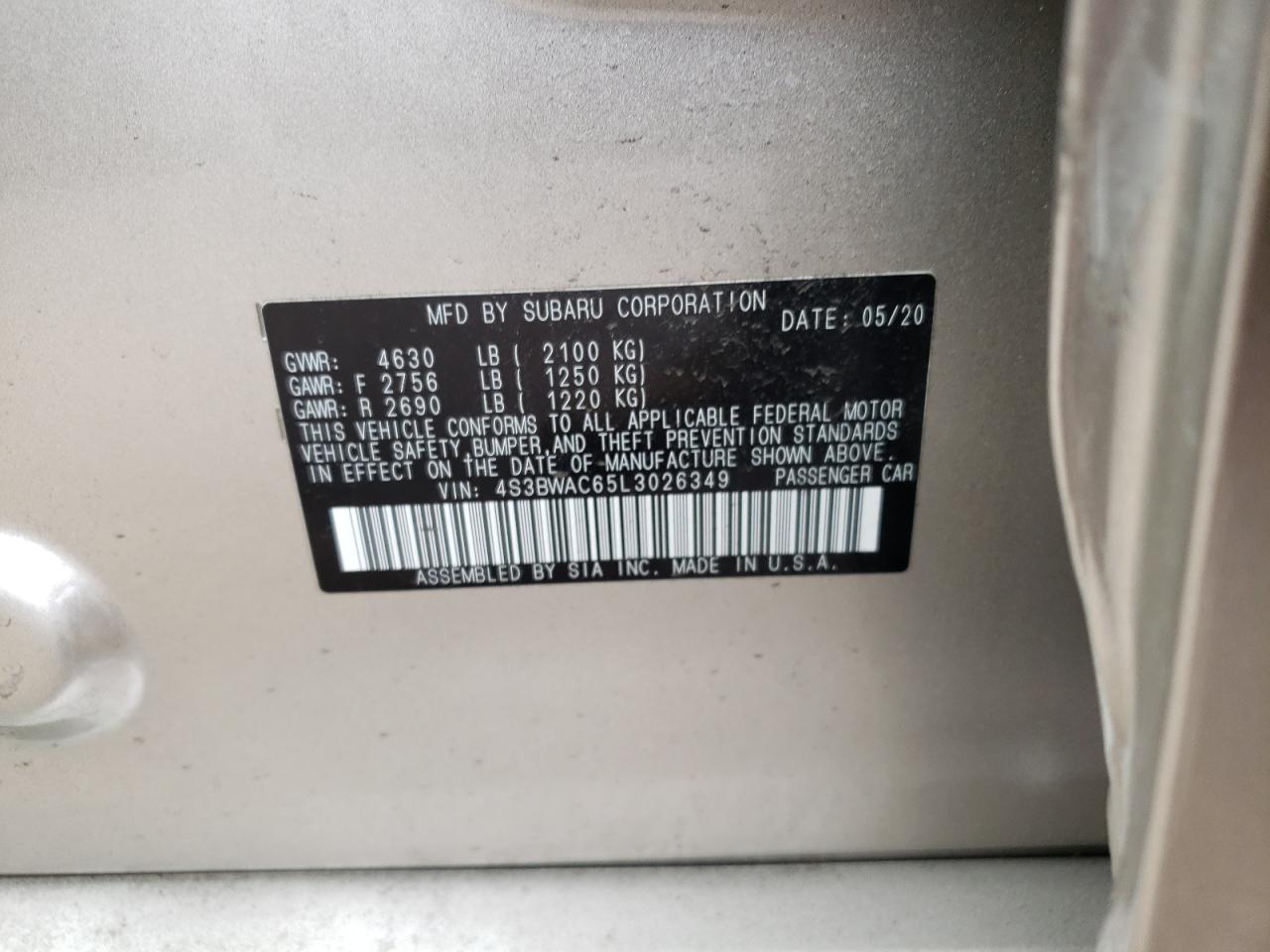 Photo 10 from auction – 2020 SUBARU LEGACY PRE with VIN 4S3BWAC65L3026349