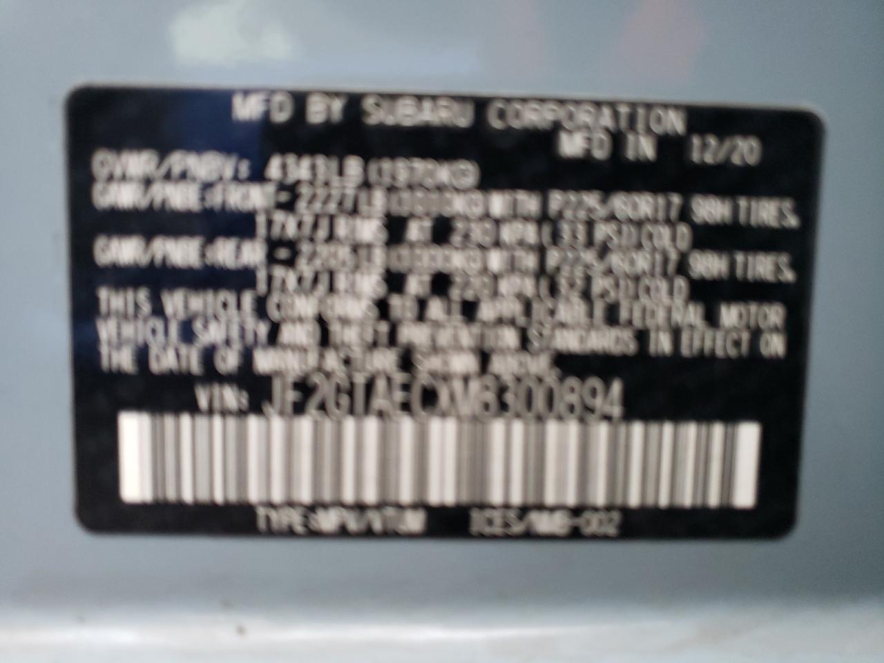 Photo 10 from auction – 2021 SUBARU CROSSTREK with VIN JF2GTAECXM8300894