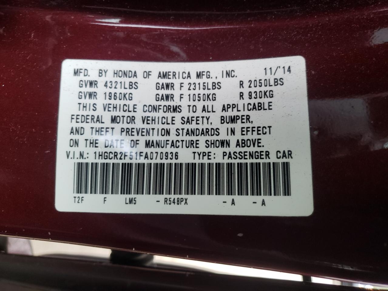 Photo 10 from auction – 2015 HONDA ACCORD S with VIN 1HGCR2F51FA070936