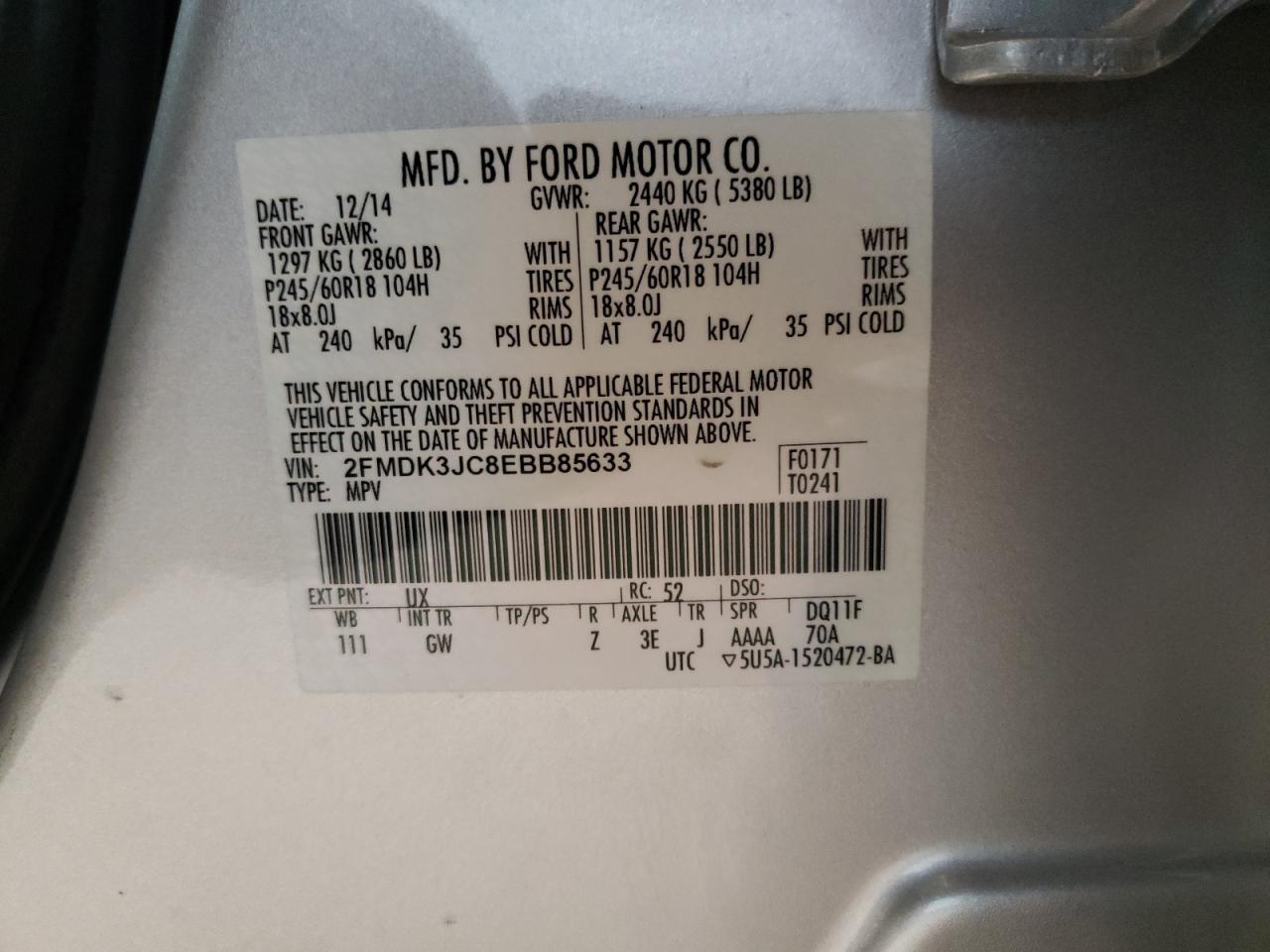 Photo 10 from auction – 2014 FORD EDGE SEL with VIN 2FMDK3JC8EBB85633