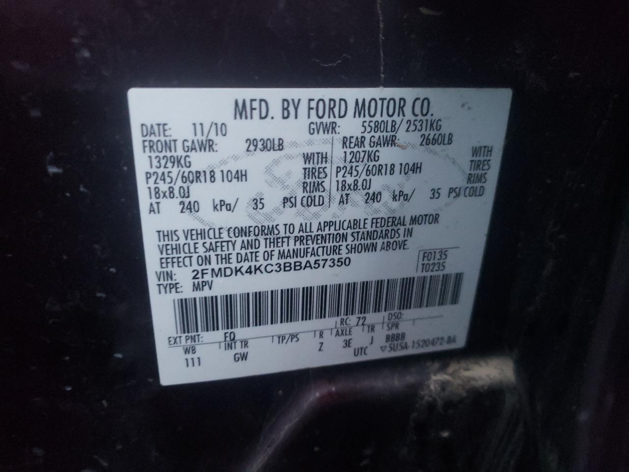 Photo 10 from auction – 2011 FORD EDGE LIMIT with VIN 2FMDK4KC3BBA57350