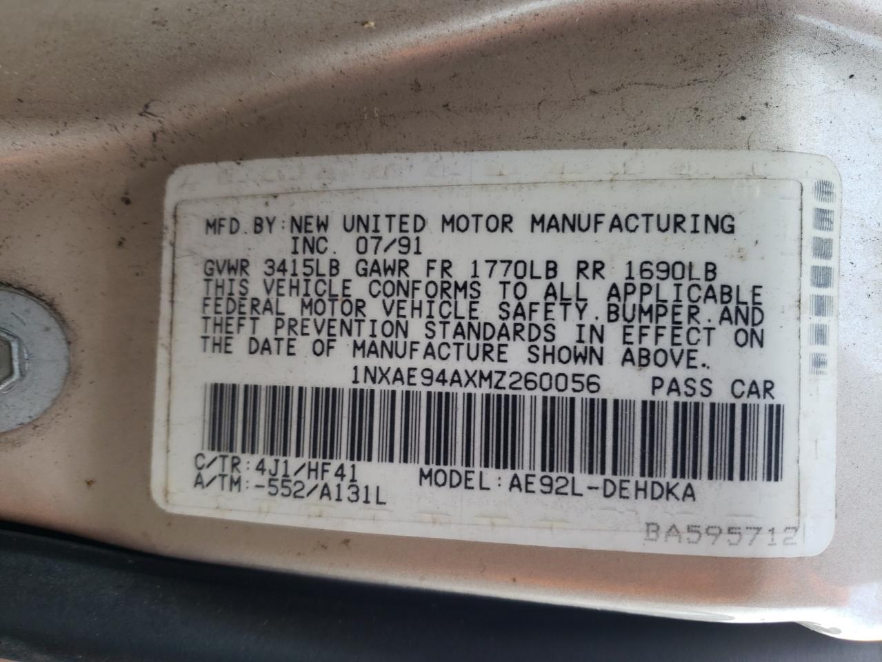 Photo 10 from auction – 1991 TOYOTA COROLLA DL with VIN 1NXAE94AXMZ260056