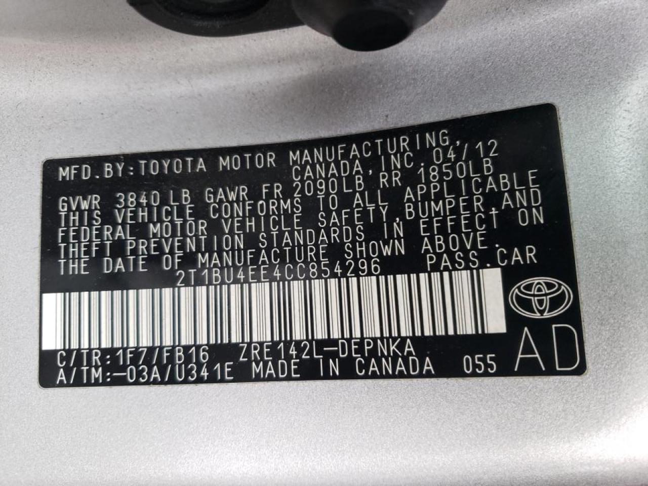 Photo 10 from auction – 2012 TOYOTA COROLLA BA with VIN 2T1BU4EE4CC854296