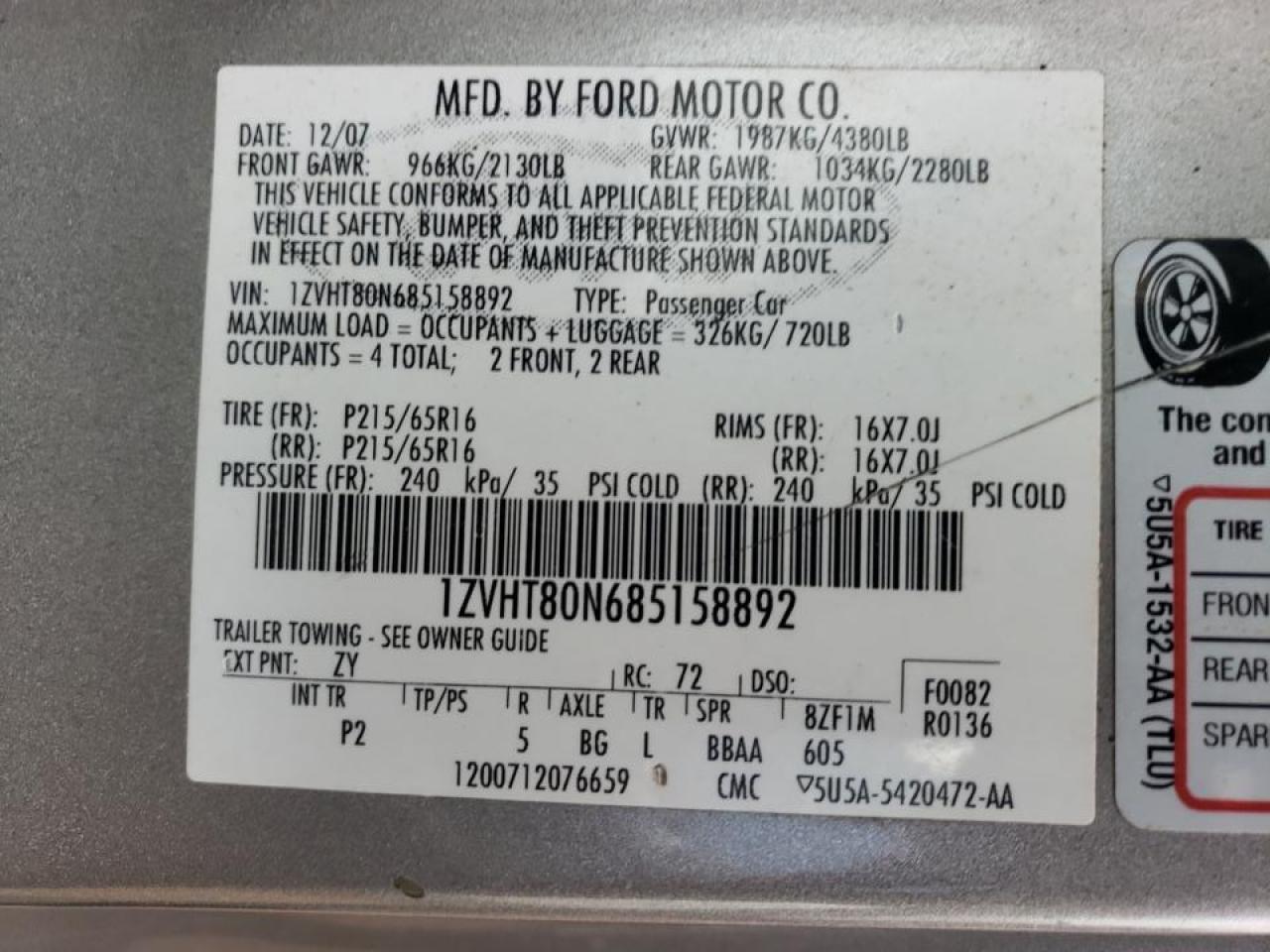 Photo 10 from auction – 2008 FORD MUSTANG with VIN 1ZVHT80N685158892