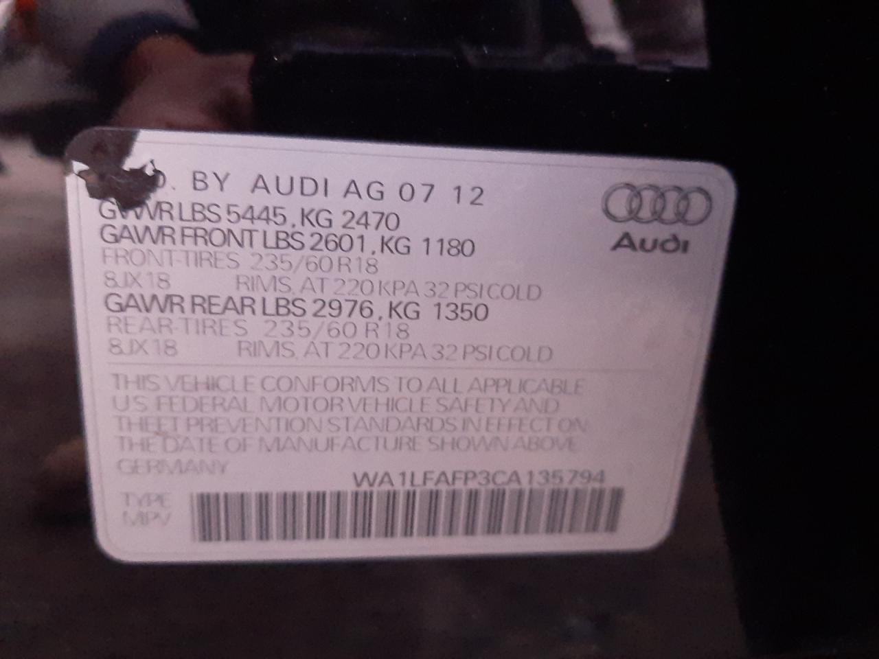 Photo 10 from auction – 2012 AUDI Q5 PREMIUM with VIN WA1LFAFP3CA135794