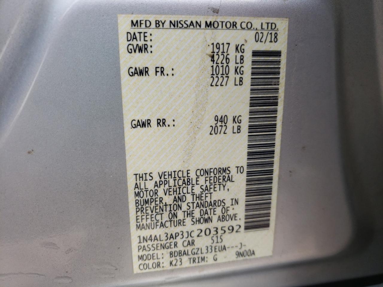 Photo 10 from auction – 2018 NISSAN ALTIMA 2.5 with VIN 1N4AL3AP3JC203592