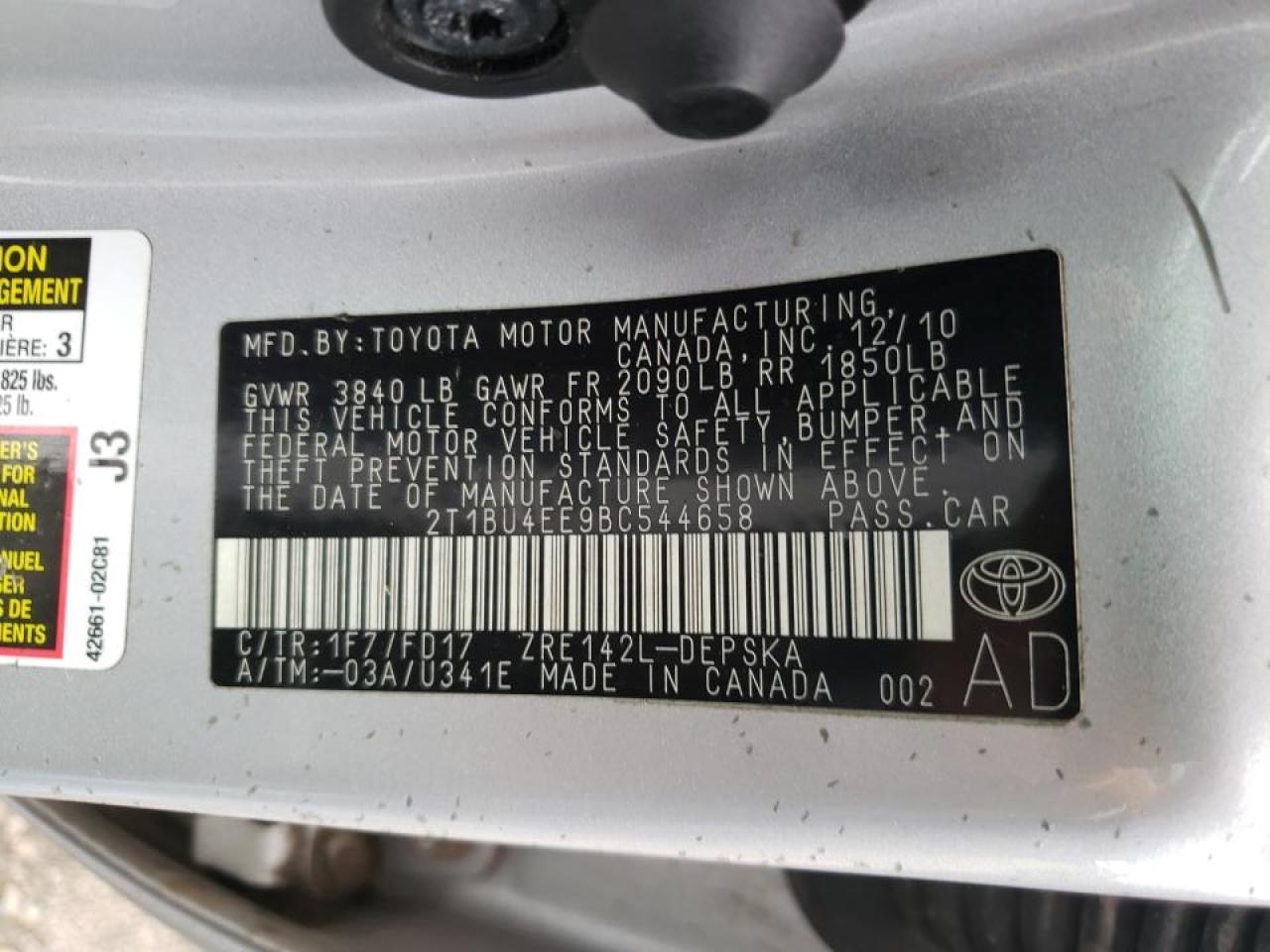 Photo 10 from auction – 2011 TOYOTA COROLLA L with VIN 2T1BU4EE9BC544658