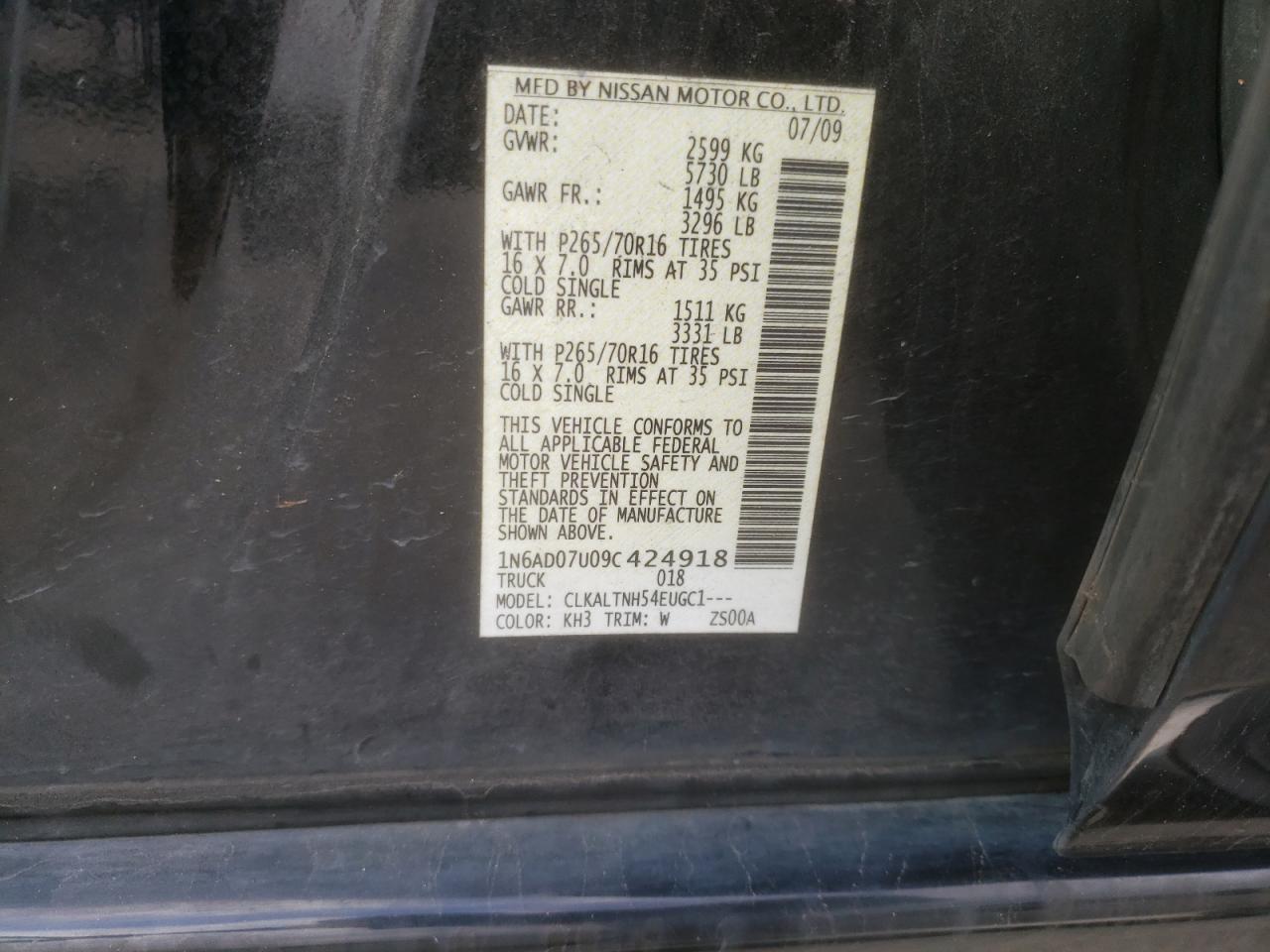 Photo 10 from auction – 2009 NISSAN FRONTIER C with VIN 1N6AD07U09C424918