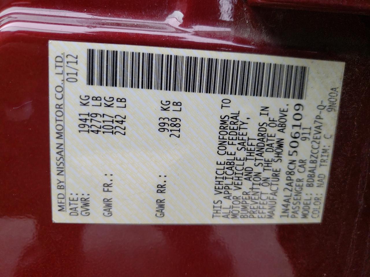 Photo 10 from auction – 2012 NISSAN ALTIMA BAS with VIN 1N4AL2AP8CN506109