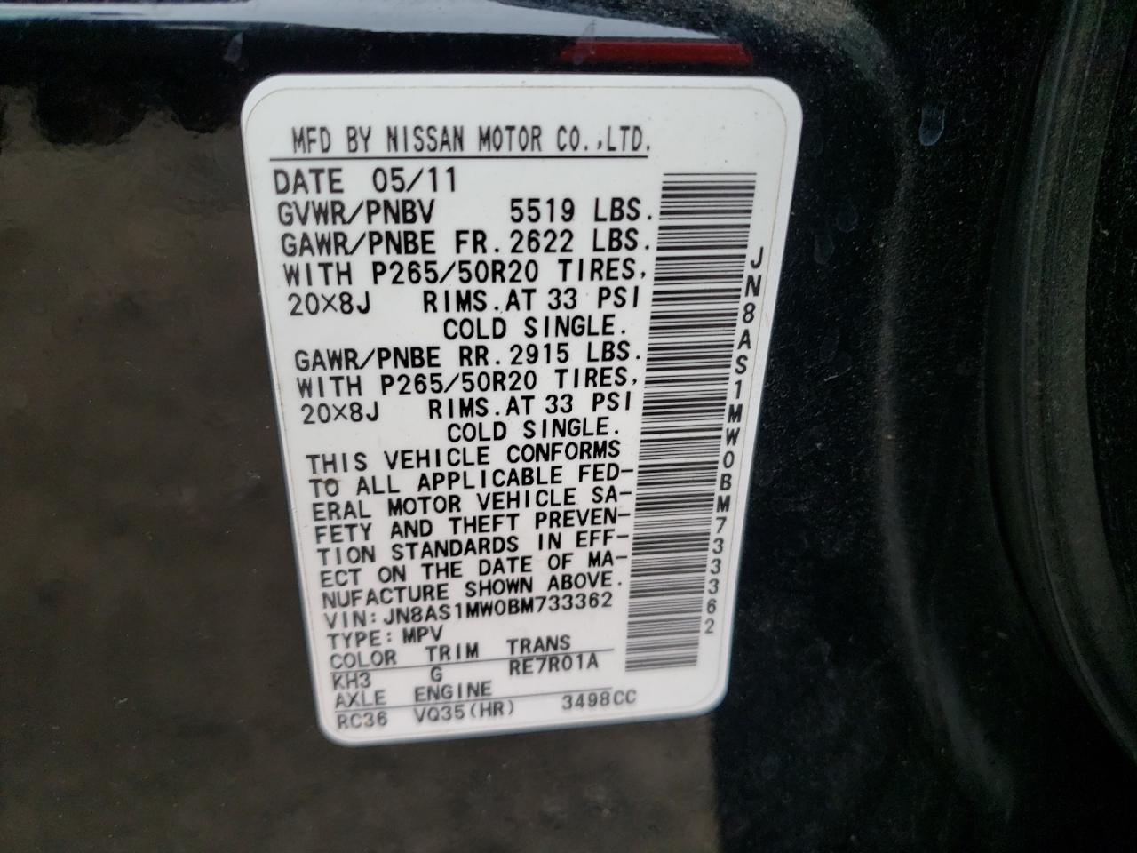 Photo 10 from auction – 2011 INFINITI FX35 with VIN JN8AS1MW0BM733362