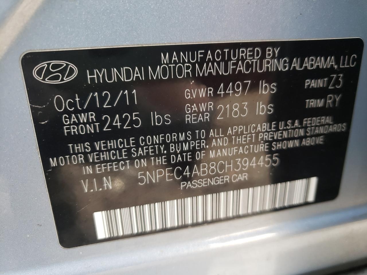 Photo 10 from auction – 2012 HYUNDAI SONATA SE with VIN 5NPEC4AB8CH394455