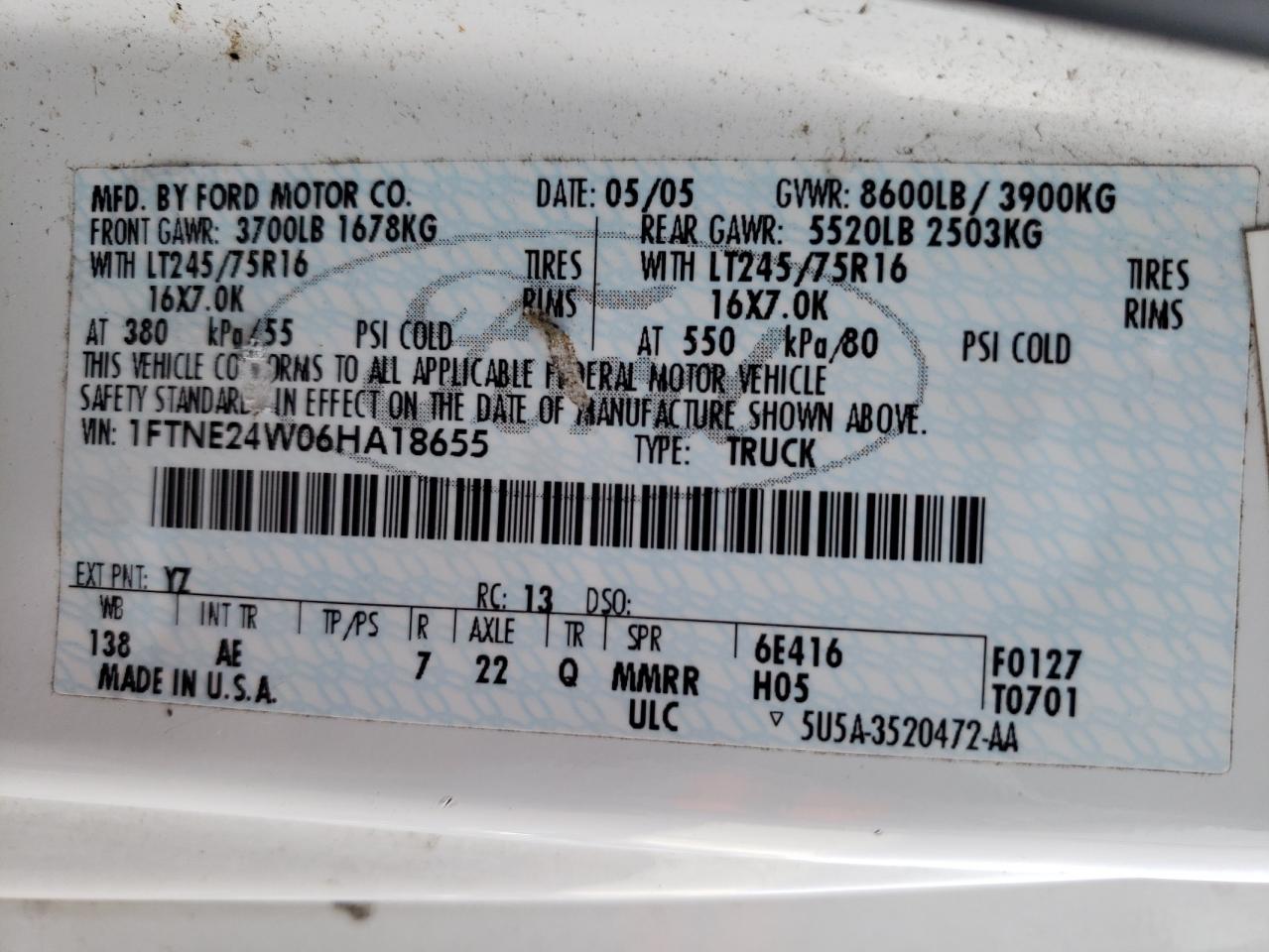 Photo 10 from auction – 2006 FORD ECONOLINE with VIN 1FTNE24W06HA18655