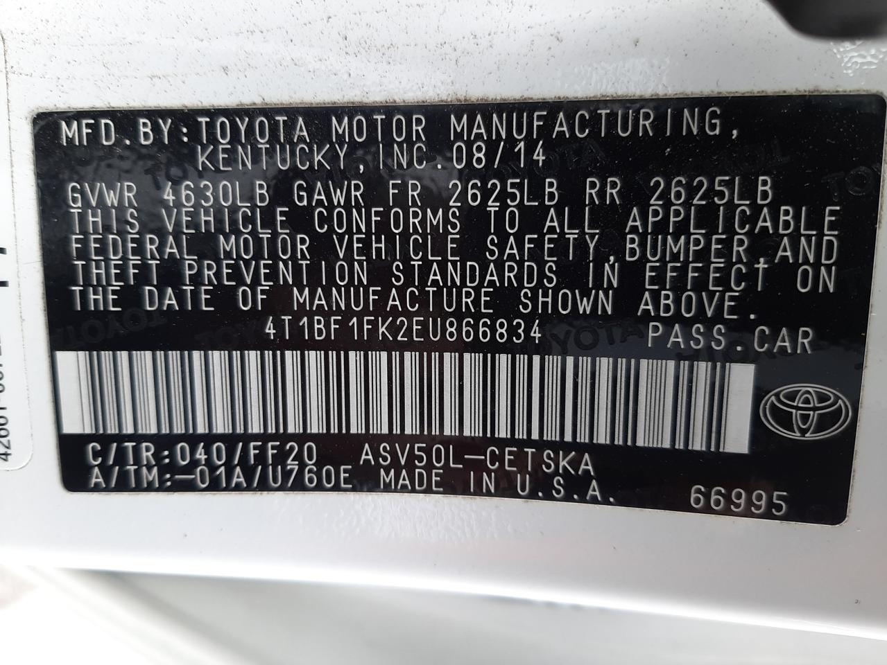 Photo 10 from auction – 2014 TOYOTA CAMRY L with VIN 4T1BF1FK2EU866834