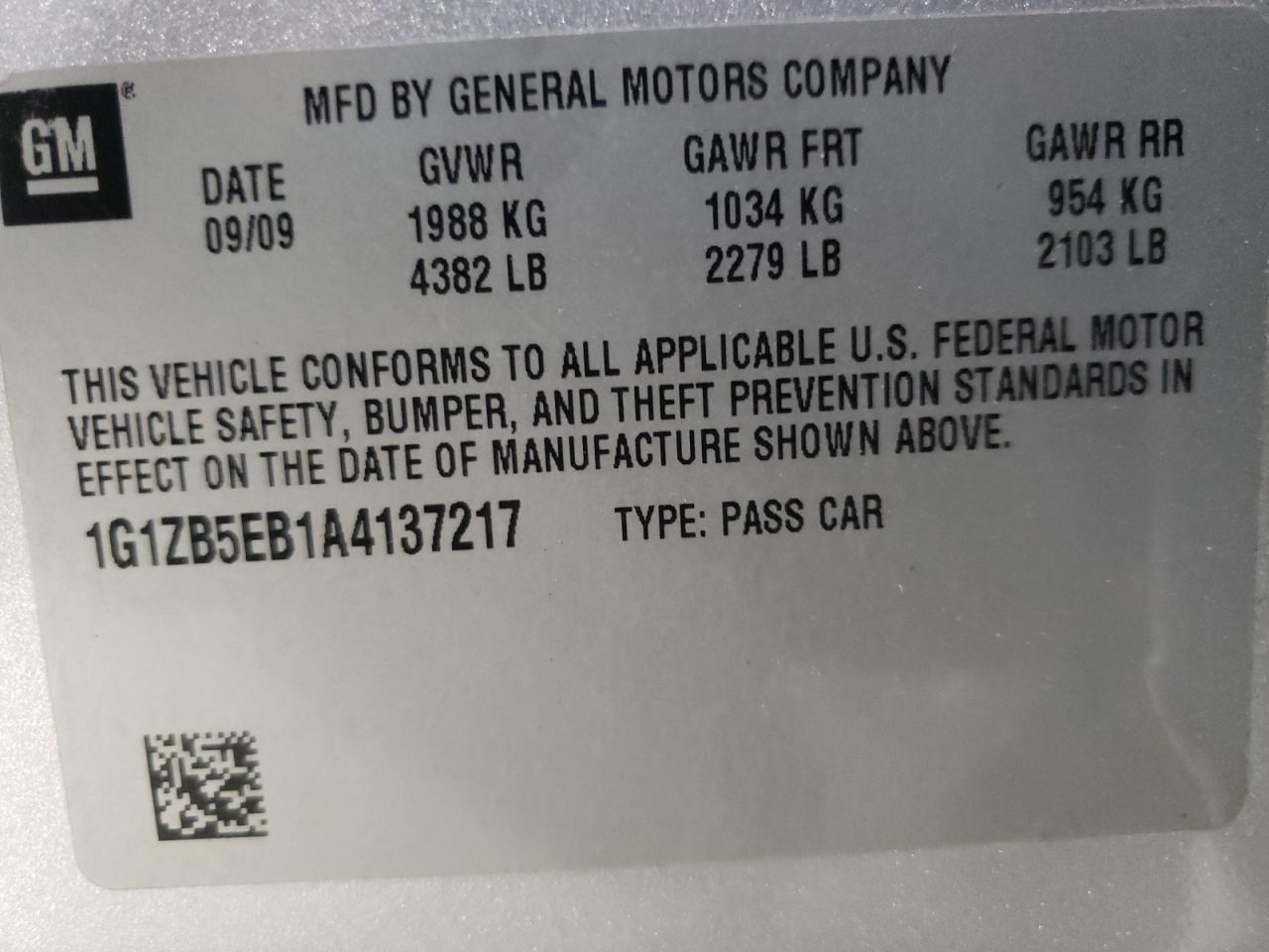 Photo 10 from auction – 2010 CHEVROLET MALIBU LS with VIN 1G1ZB5EB1A4137217