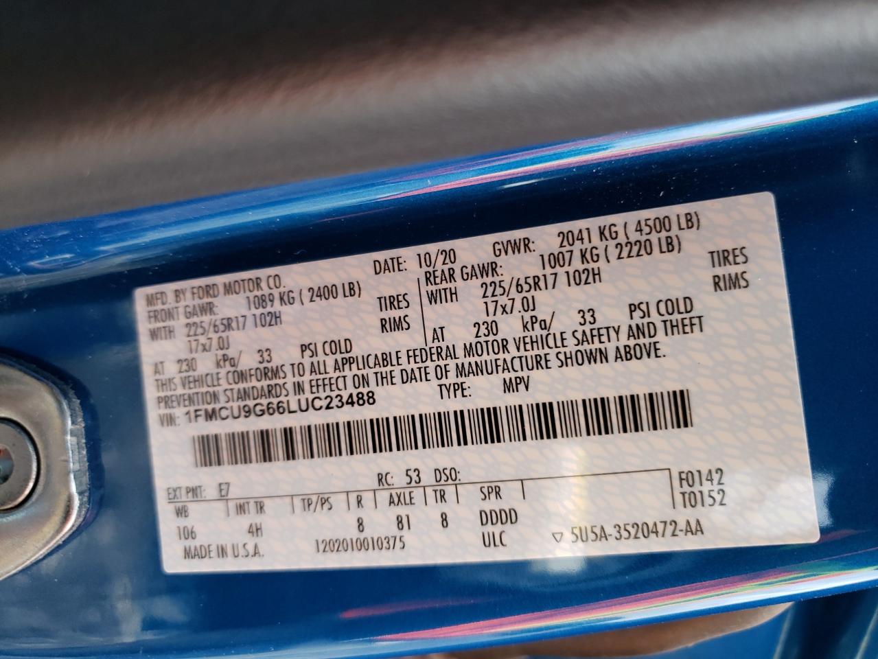 Photo 10 from auction – 2020 FORD ESCAPE SE with VIN 1FMCU9G66LUC23488