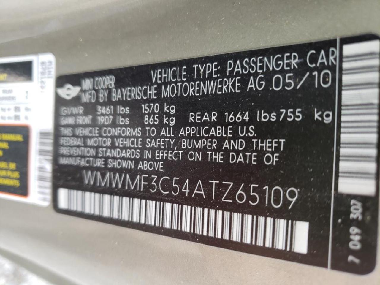 Photo 10 from auction – 2010 MINI COOPER with VIN WMWMF3C54ATZ65109
