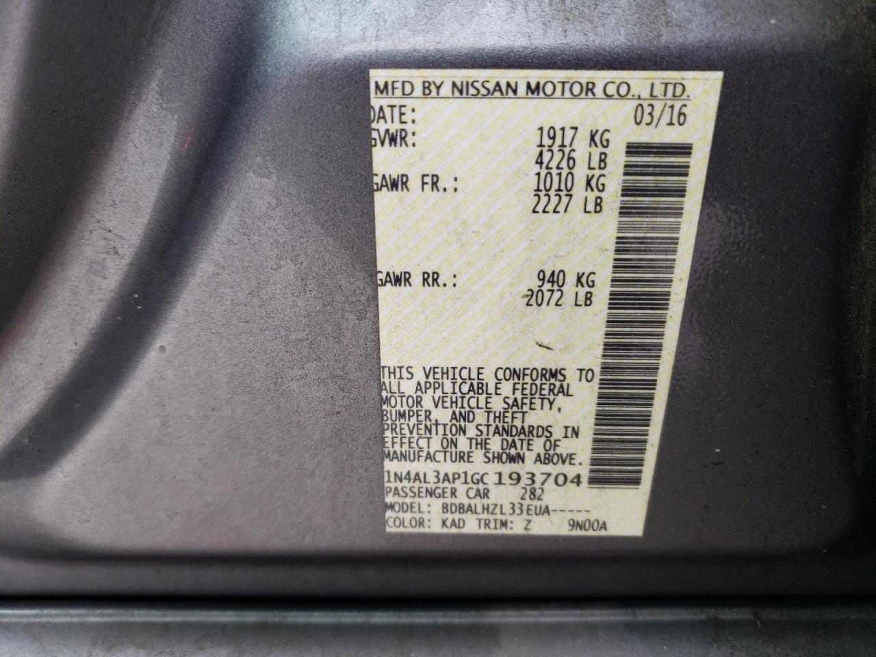 Photo 10 from auction – 2016 NISSAN ALTIMA 2.5 with VIN 1N4AL3AP1GC193704