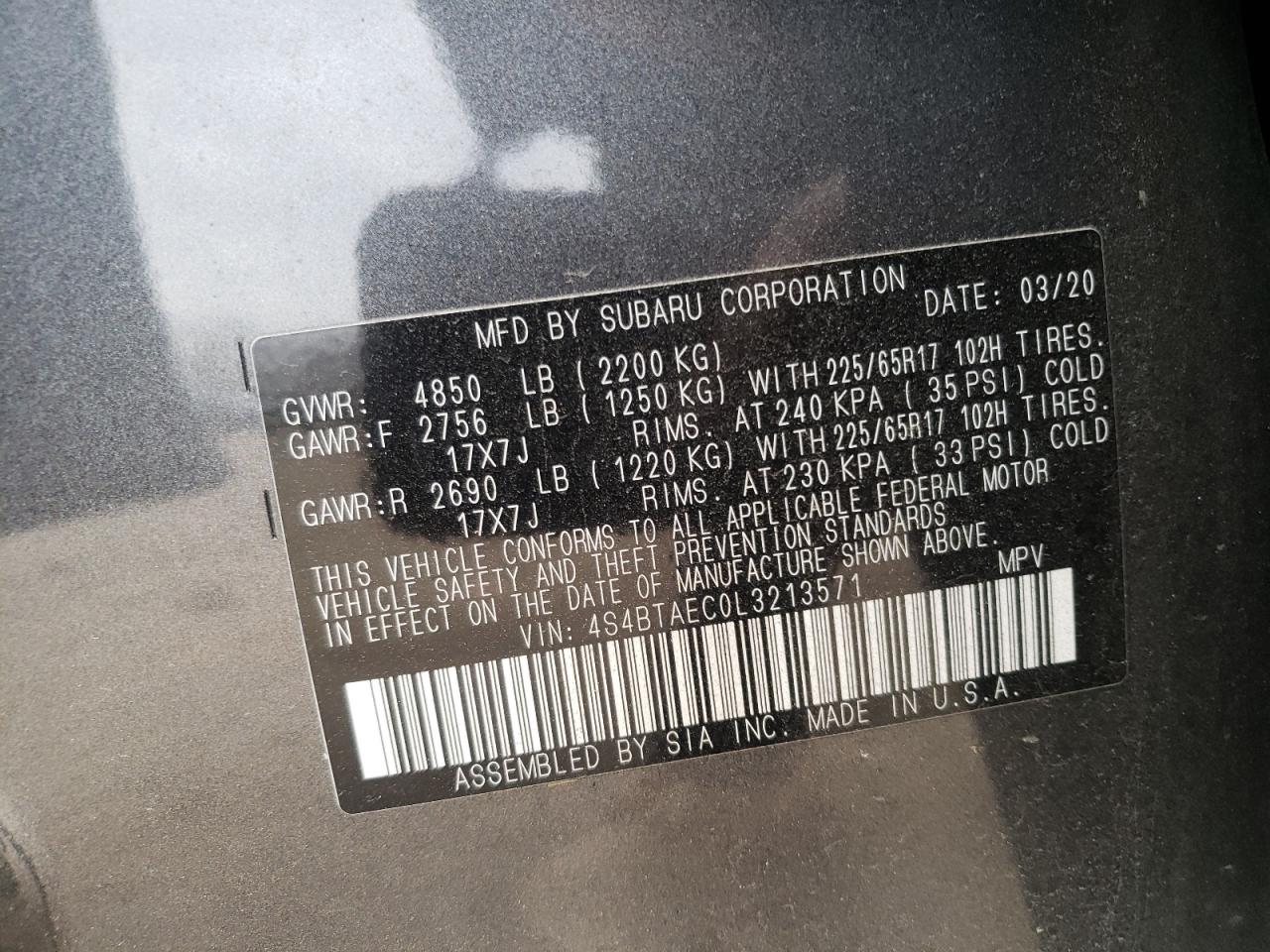 Photo 10 from auction – 2020 SUBARU OUTBACK PR with VIN 4S4BTAEC0L3213571