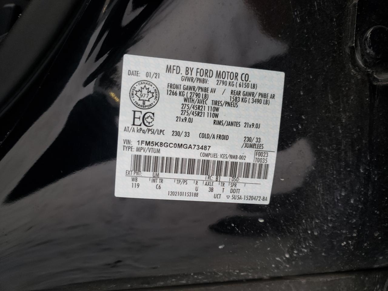 Photo 10 from auction – 2021 FORD EXPLORER S with VIN 1FM5K8GC0MGA73487