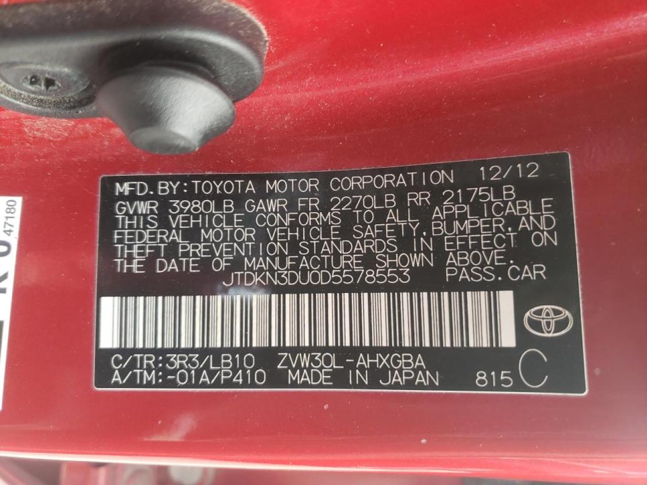 Photo 10 from auction – 2013 TOYOTA PRIUS with VIN JTDKN3DU0D5578553