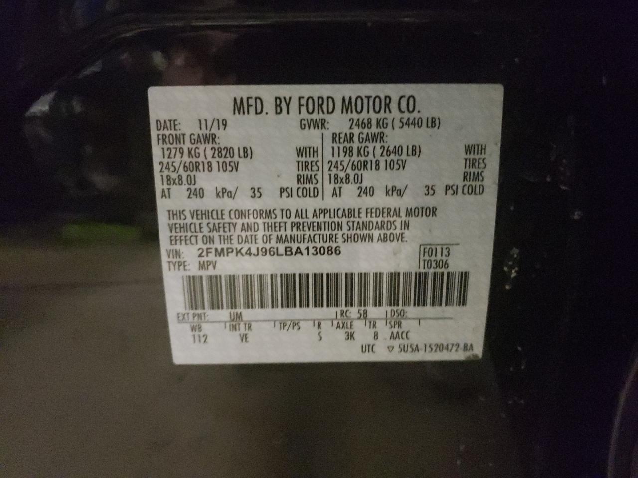 Photo 10 from auction – 2020 FORD EDGE SEL with VIN 2FMPK4J96LBA13086