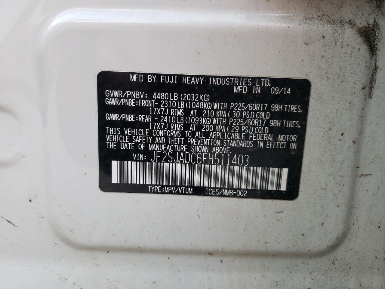 Photo 10 from auction – 2015 SUBARU FORESTER 2 with VIN JF2SJADC6FH511403