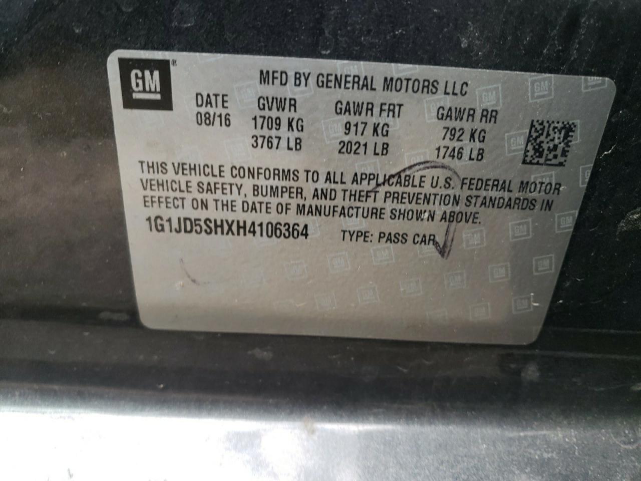 Photo 10 from auction – 2017 CHEVROLET SONIC LT with VIN 1G1JD5SHXH4106364