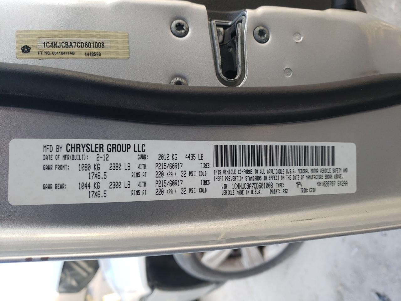 Photo 10 from auction – 2012 JEEP COMPASS SP with VIN 1C4NJCBA7CD601008