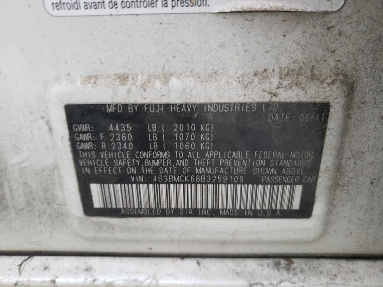 Photo 10 from auction – 2011 SUBARU LEGACY 2.5 with VIN 4S3BMCK68B3259109