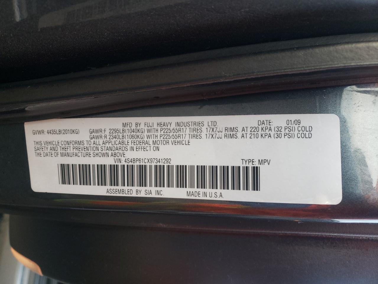 Photo 10 from auction – 2009 SUBARU OUTBACK 2. with VIN 4S4BP61CX97341292