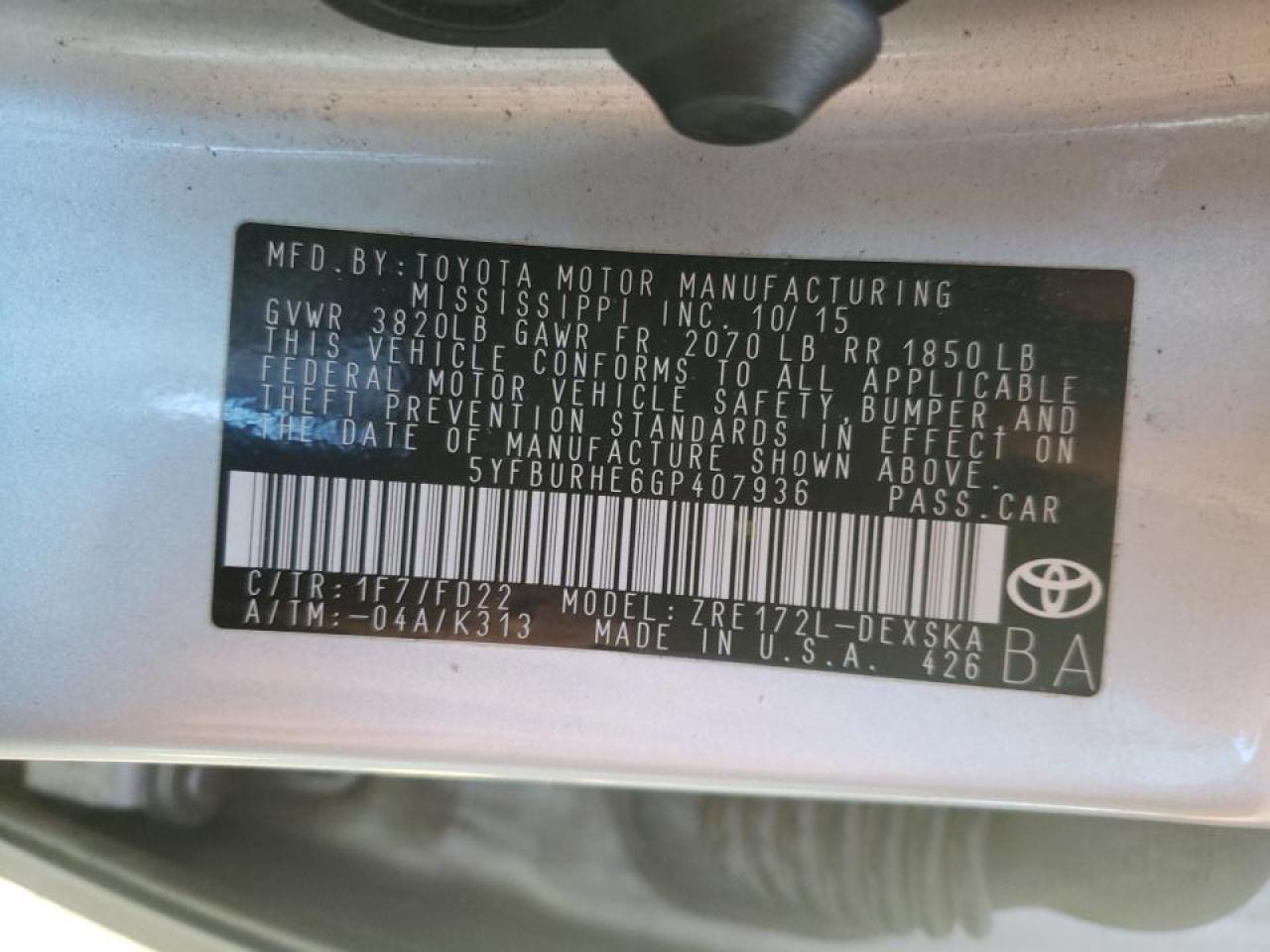 Photo 10 from auction – 2016 TOYOTA COROLLA L with VIN 5YFBURHE6GP407936