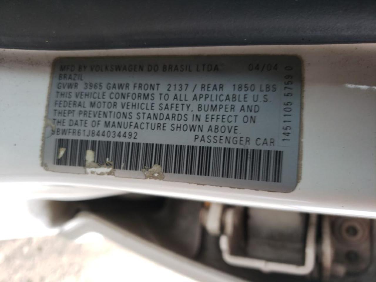 Photo 10 from auction – 2004 VOLKSWAGEN GOLF GL TD with VIN 9BWFR61J844034492