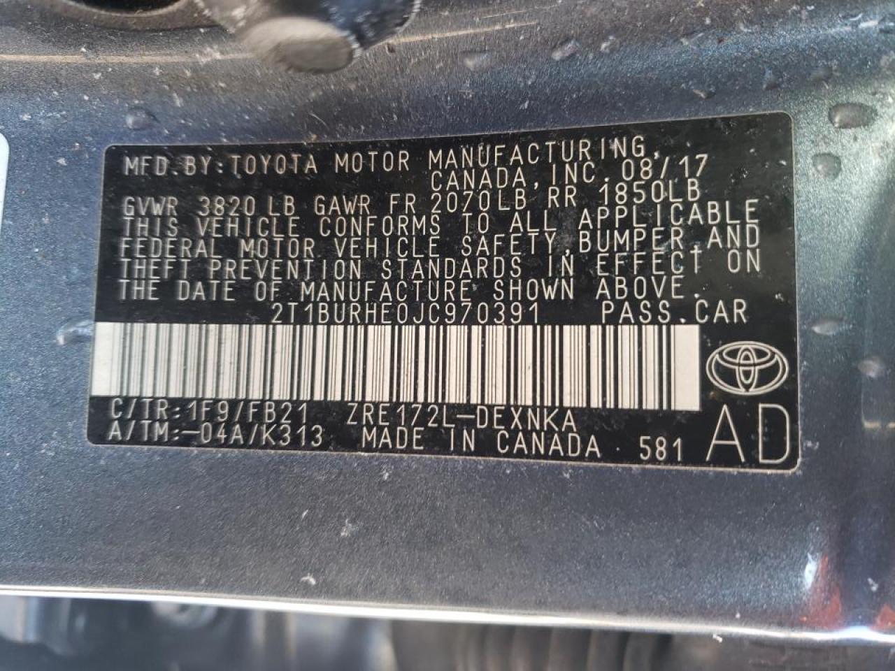 Photo 10 from auction – 2018 TOYOTA COROLLA L with VIN 2T1BURHE0JC970391