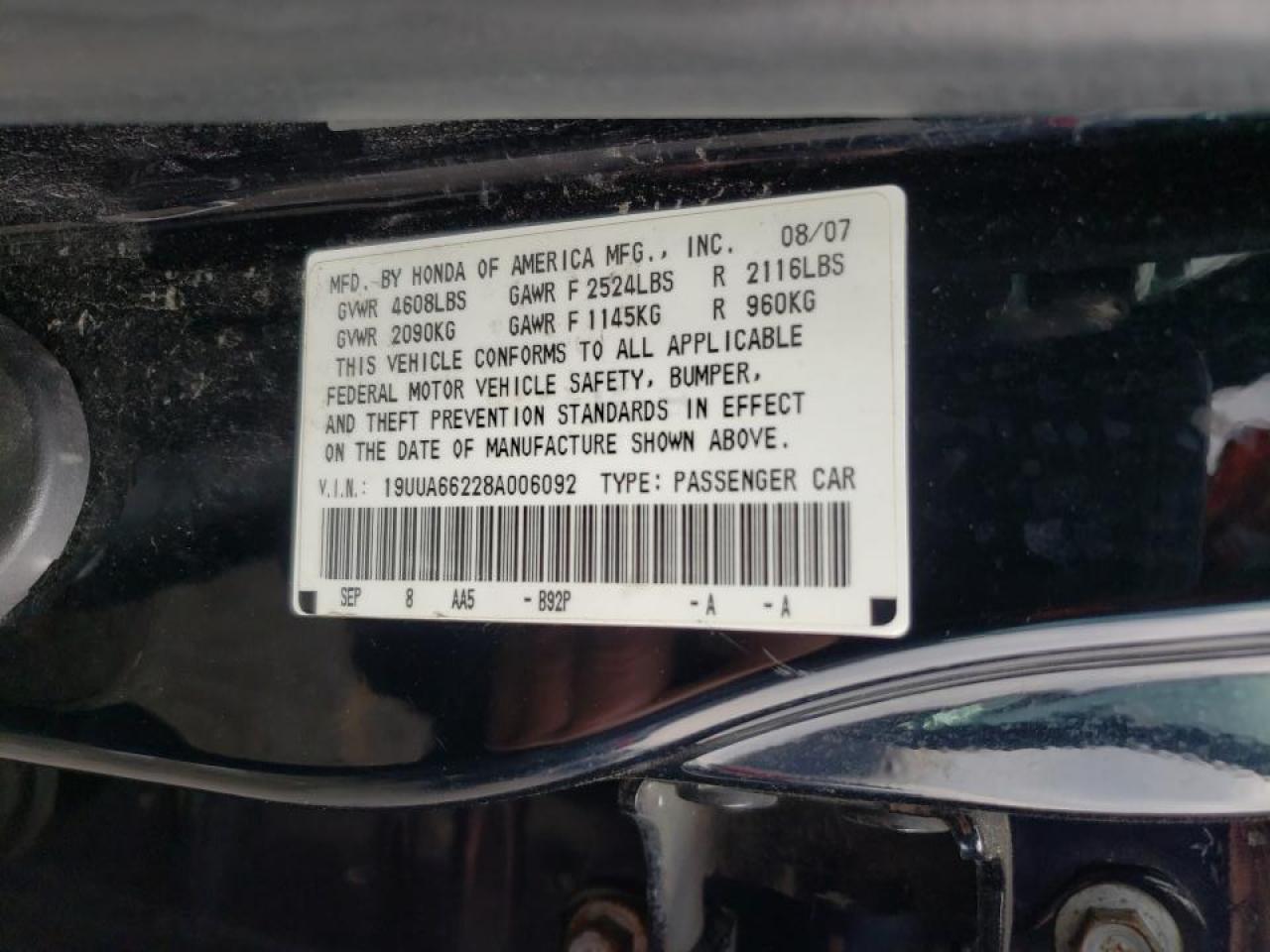 Photo 10 from auction – 2008 ACURA TL with VIN 19UUA66228A006092