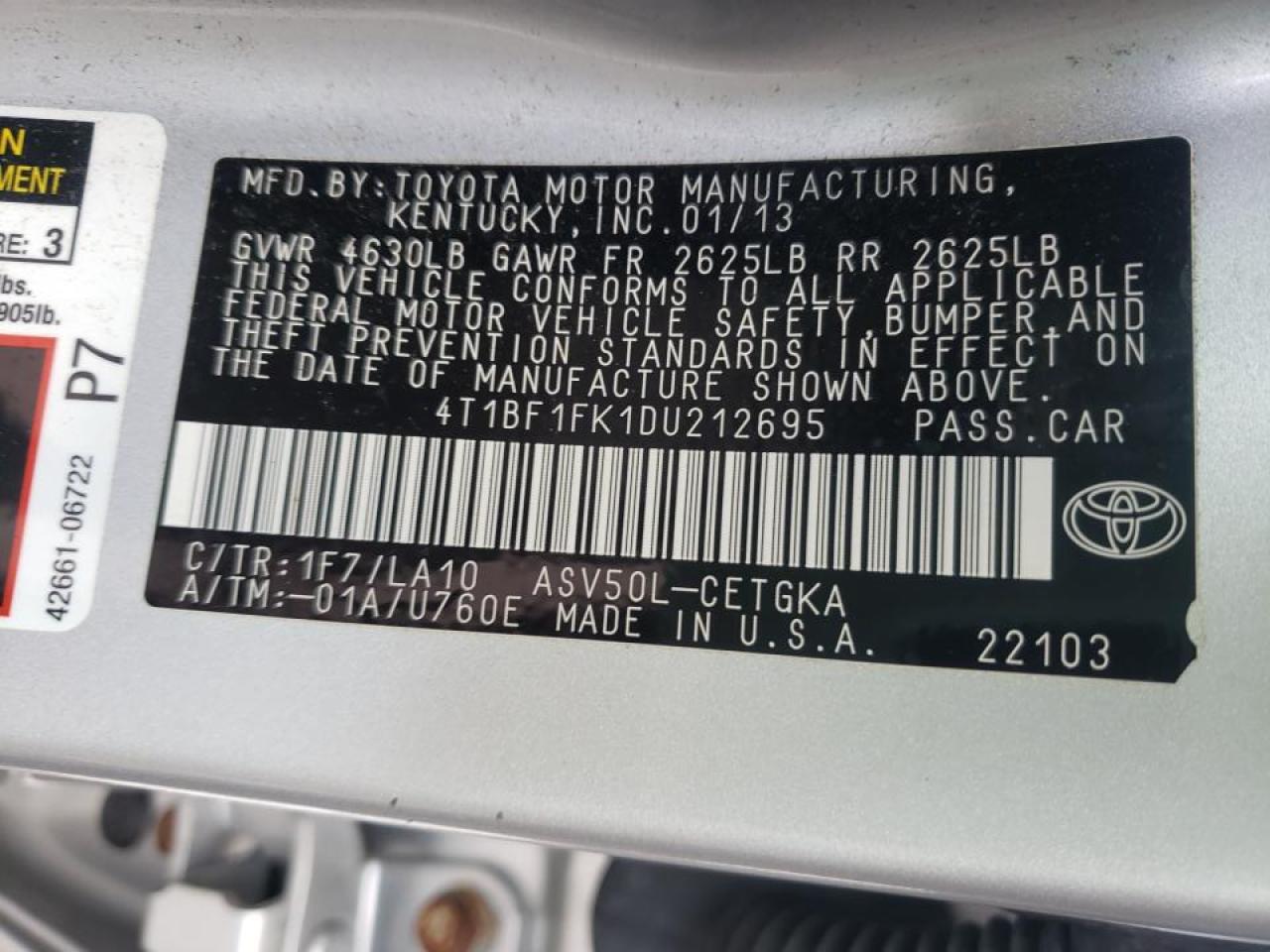 Photo 10 from auction – 2013 TOYOTA CAMRY L with VIN 4T1BF1FK1DU212695