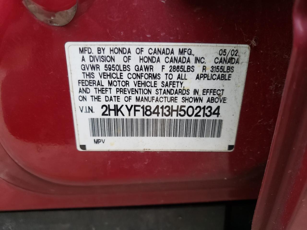 Photo 10 from auction – 2003 HONDA PILOT EX with VIN 2HKYF18413H502134
