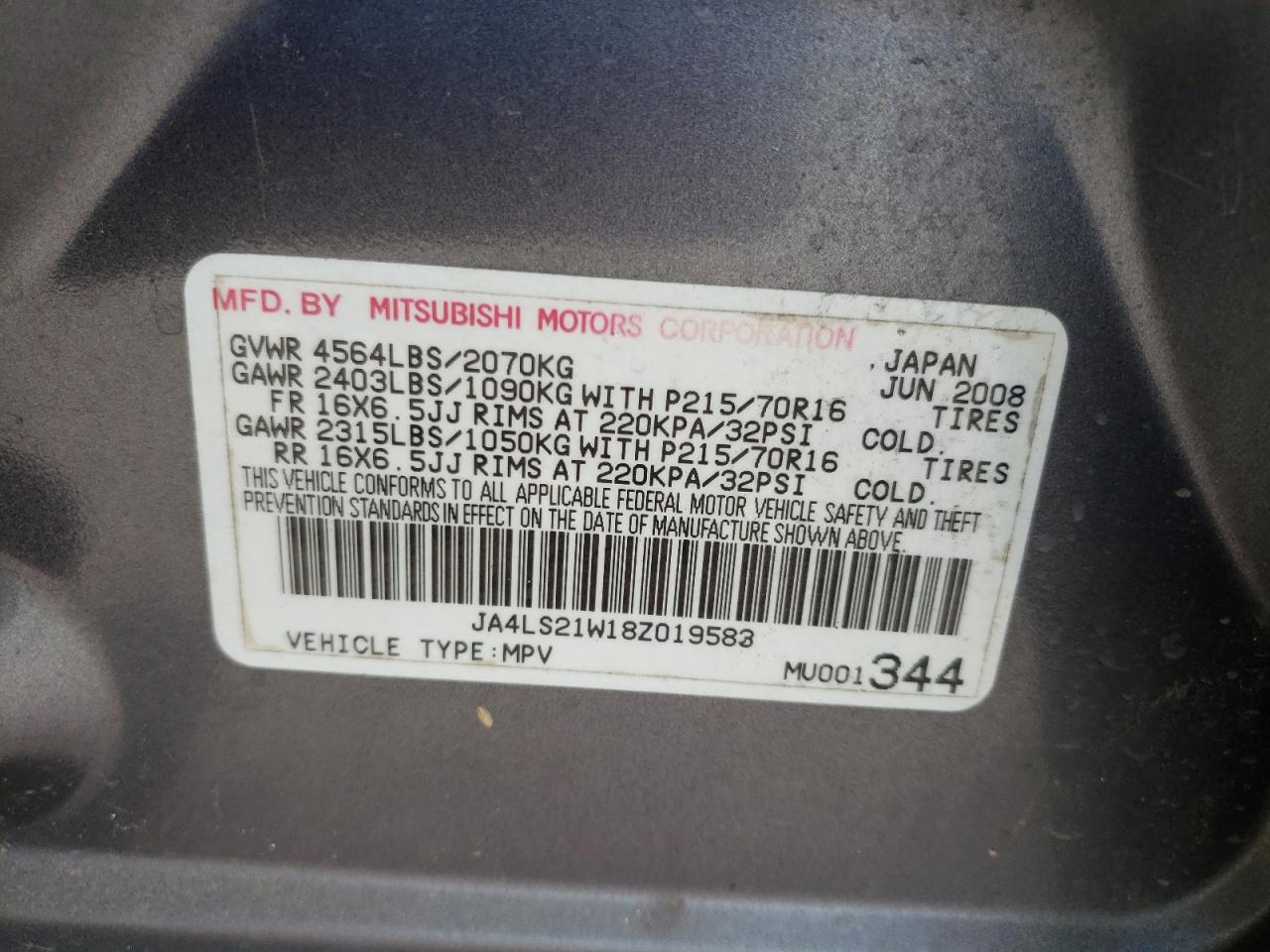 Photo 10 from auction – 2008 MITSUBISHI OUTLANDER with VIN JA4LS21W18Z019583