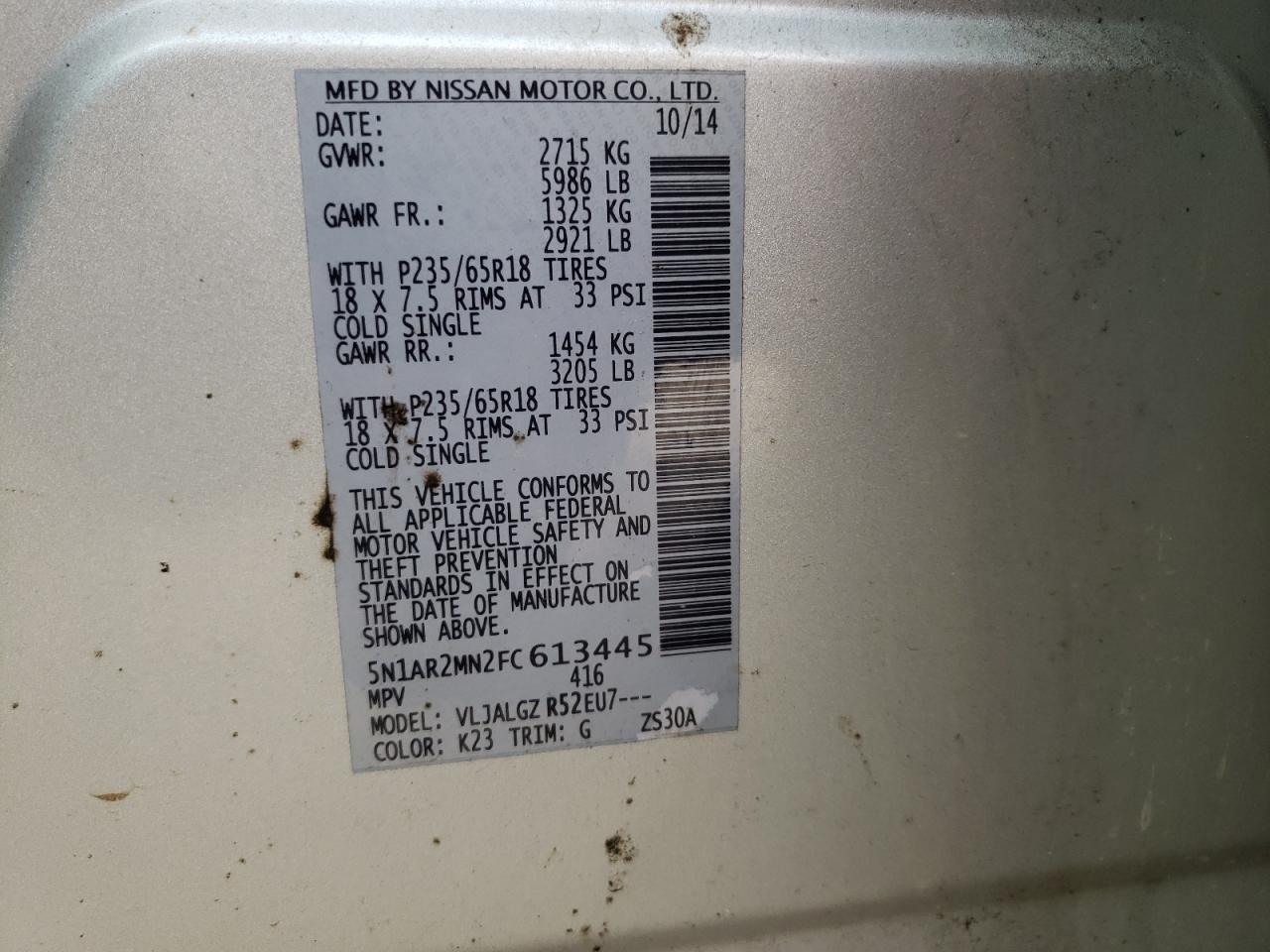 Photo 10 from auction – 2015 NISSAN PATHFINDER with VIN 5N1AR2MN2FC613445