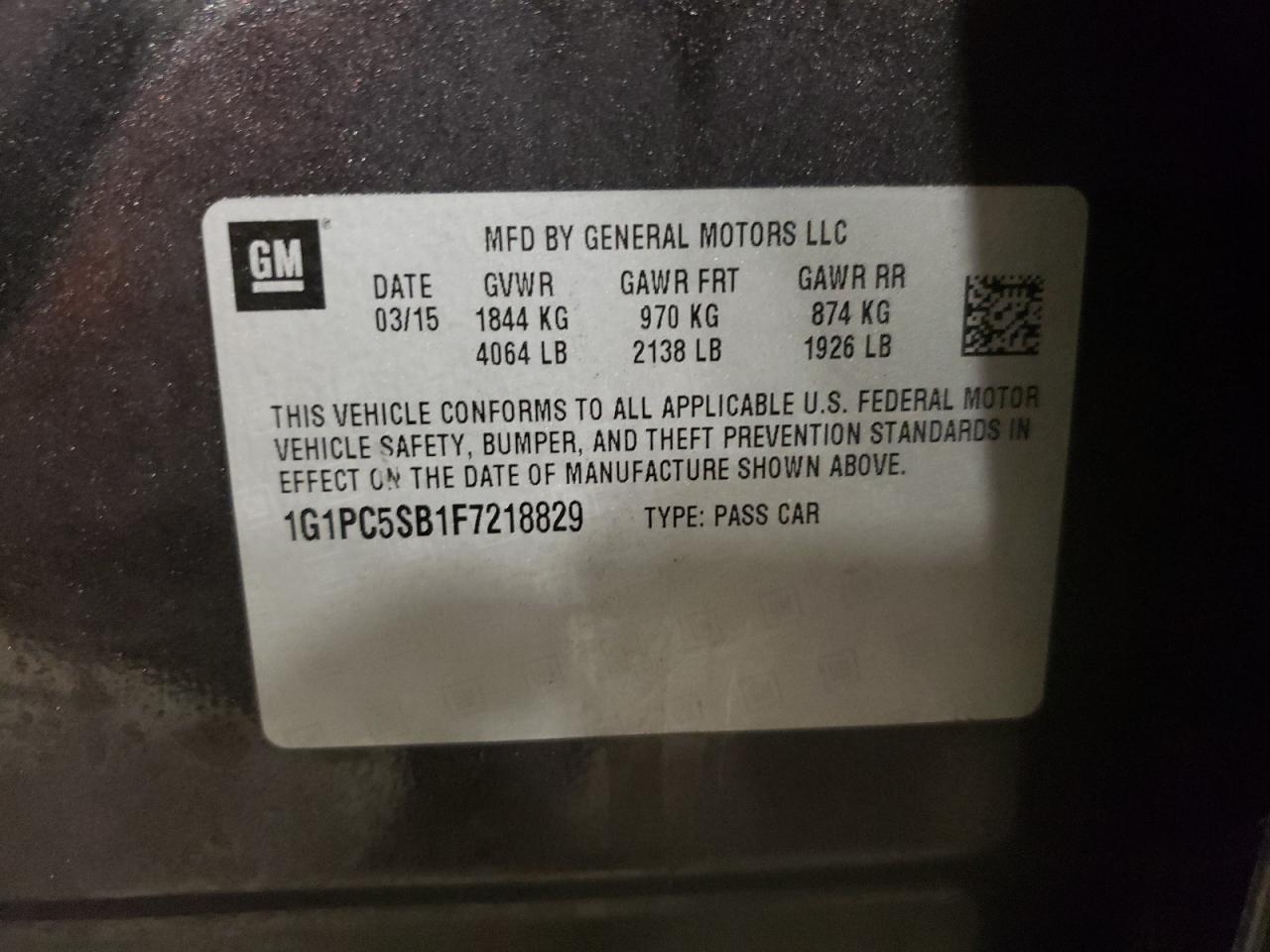 Photo 10 from auction – 2015 CHEVROLET CRUZE LT with VIN 1G1PC5SB1F7218829
