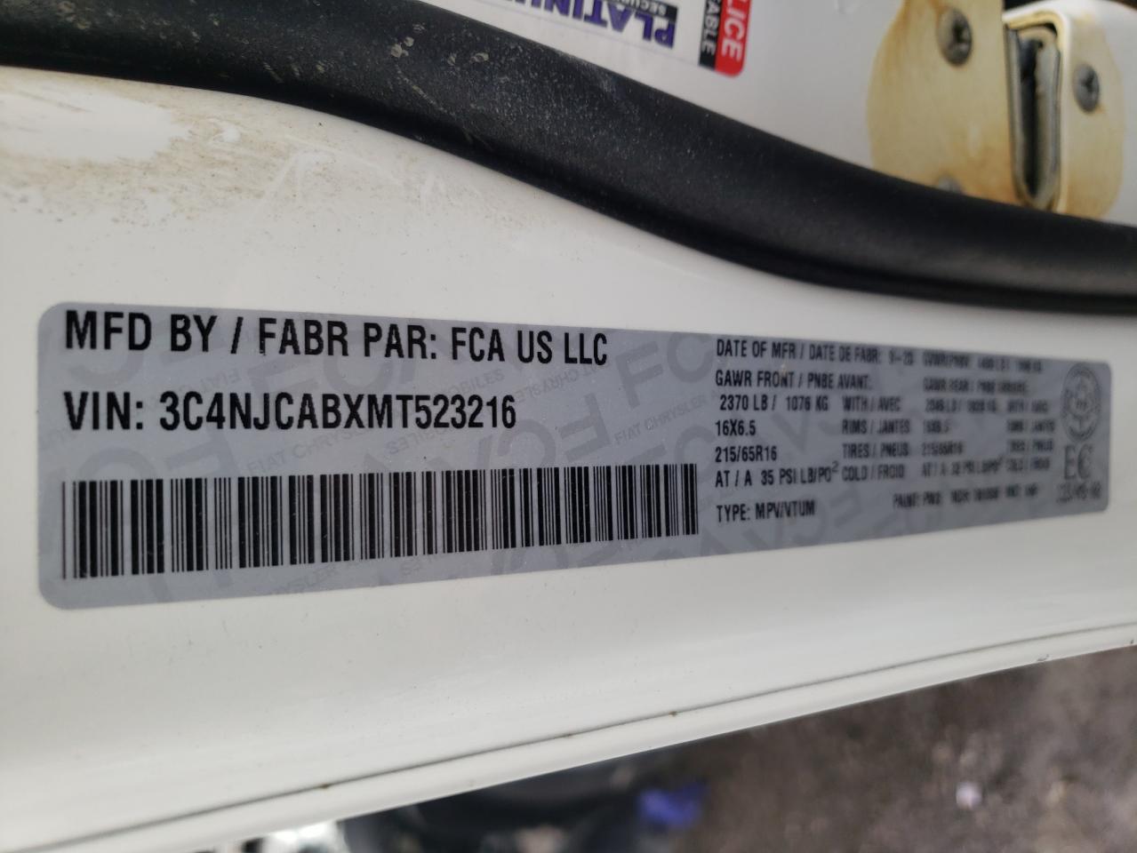 Photo 10 from auction – 2021 JEEP COMPASS SP with VIN 3C4NJCABXMT523216