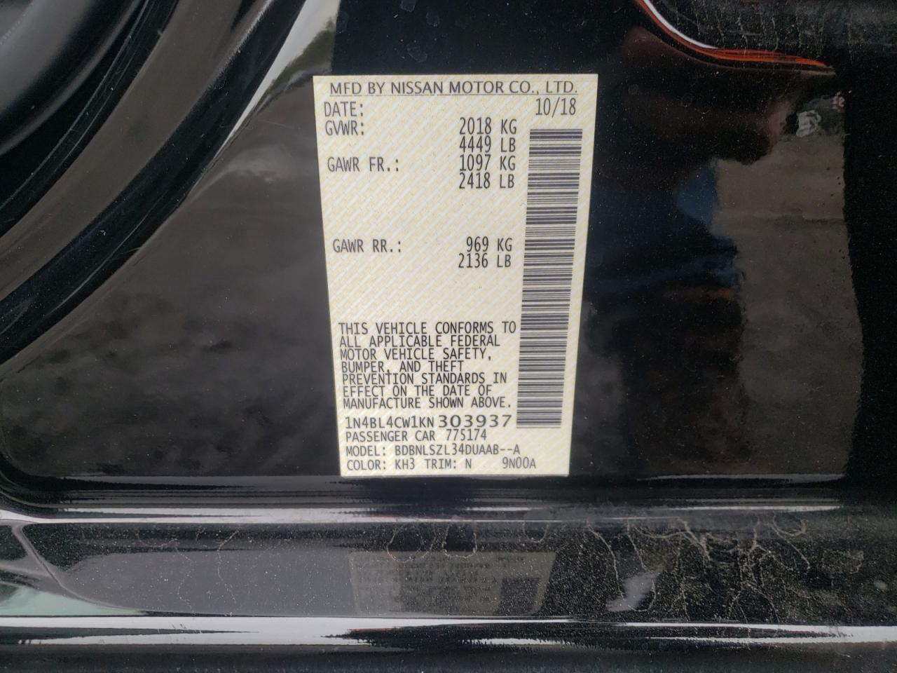 Photo 10 from auction – 2019 NISSAN ALTIMA SR with VIN 1N4BL4CW1KN303937