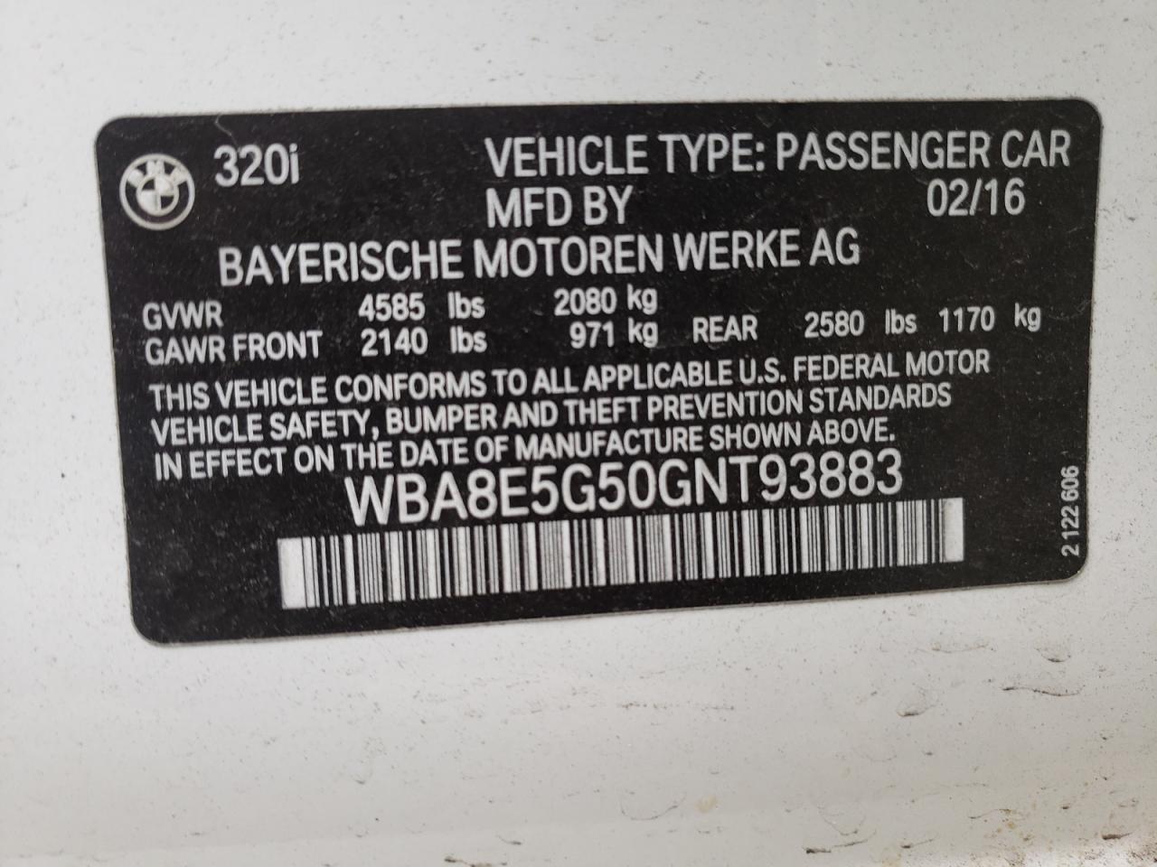 Photo 10 from auction – 2016 BMW 320 XI with VIN WBA8E5G50GNT93883