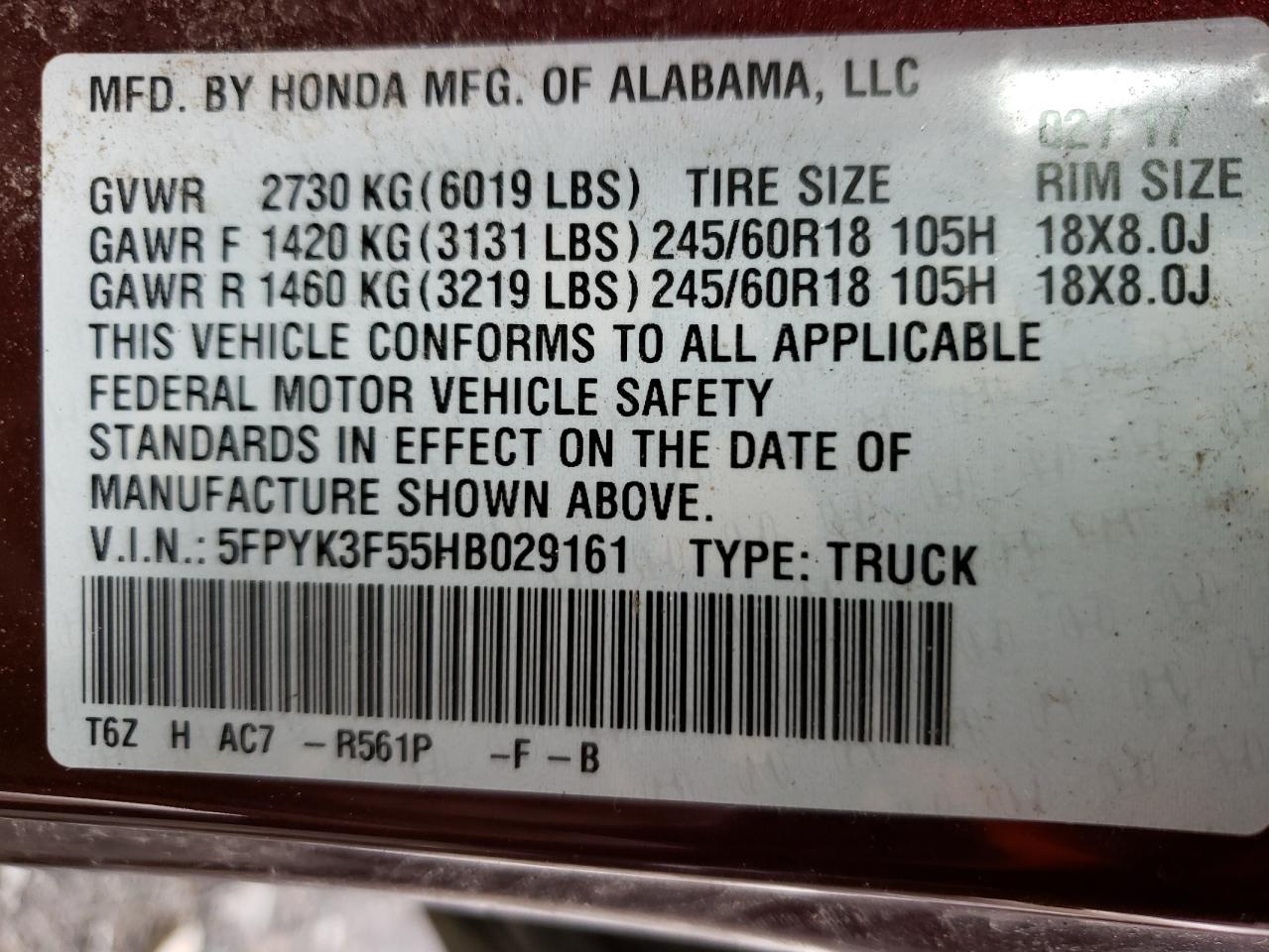 Photo 10 from auction – 2017 HONDA RIDGELINE with VIN 5FPYK3F55HB029161