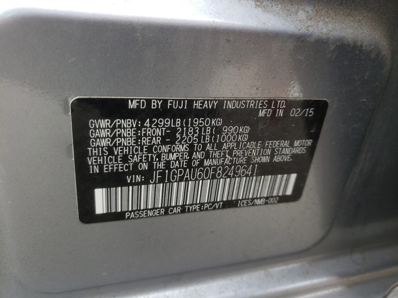 Photo 10 from auction – 2015 SUBARU IMPREZA SP with VIN JF1GPAU60F8249641